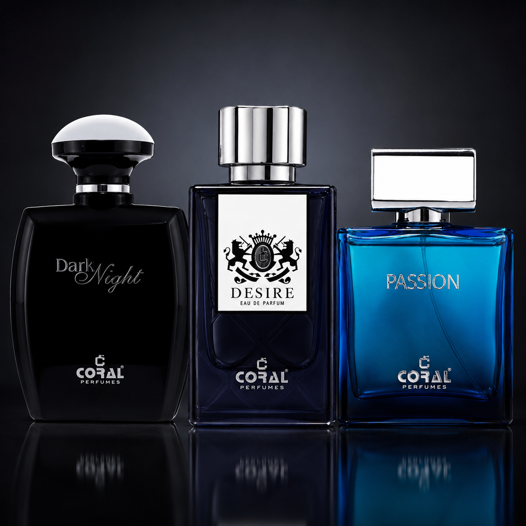 Coral Men's Essentials Collection | Passion 100ml + Dark Night 100ml + Desire 85ml | 3 Eau de Parfum Combo for Men