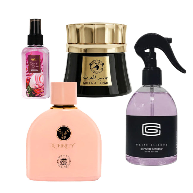 TAWOOS ABEER AL ARAB 70GM +  X FINITY EDP 100 ML ΟΝΥΧ + DEEP DIVE FRAGRANCE MIST 100 ML CORAL + CAPTURED GARDENS WHITE SILENCE HOME PERFUME 300 ML  4 PC COMBO