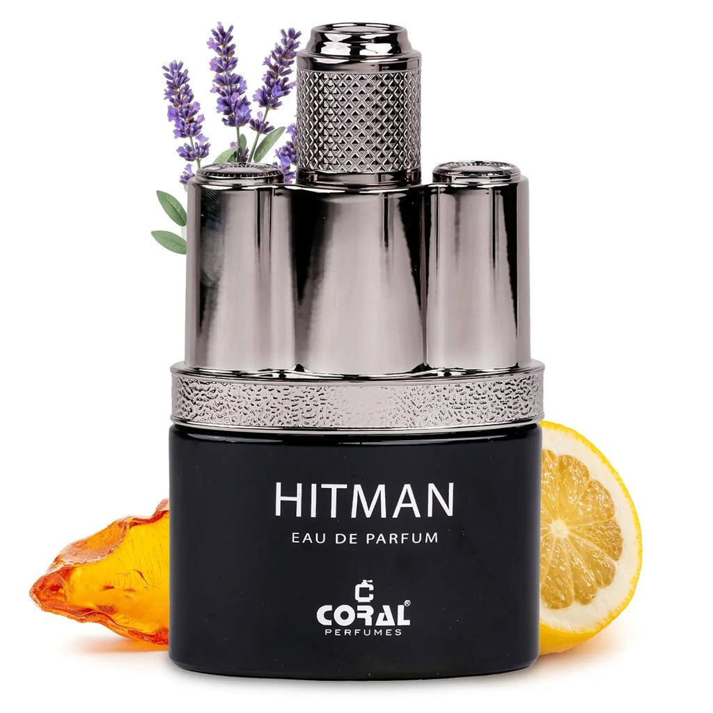 Coral Hitman for Men EDP 100ml by Bin Kamal Perfumes, featuring a sleek bottle with a black cap and elegant design.