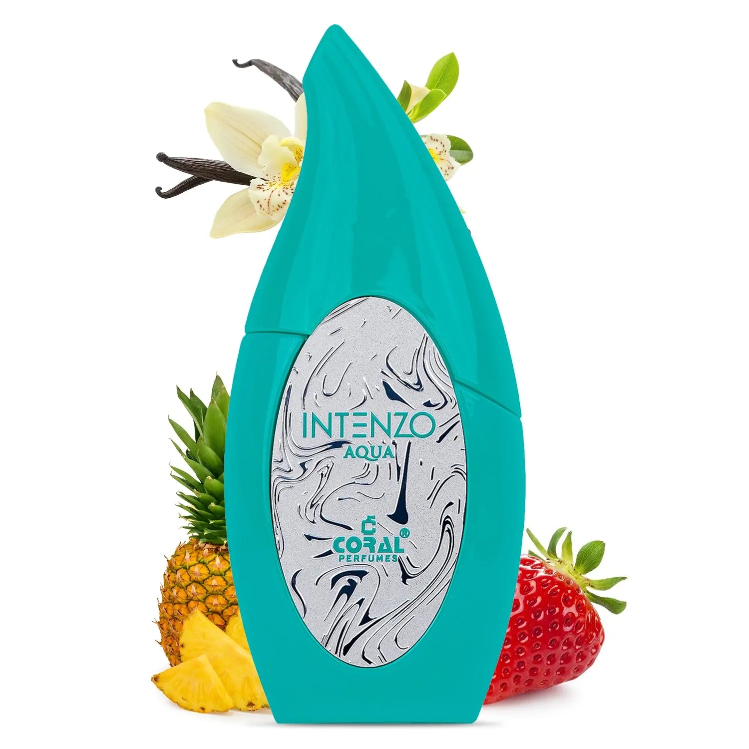 Coral Intenzo Aqua for Women EDP 100ml bottle with a sleek design, featuring a clear glass container and blue accents.