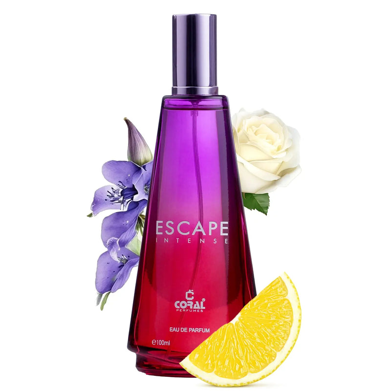Bin Kamal Perfumes Coral Escape Intense Women EDP 100ml bottle with a sleek design and vibrant coral-colored packaging.