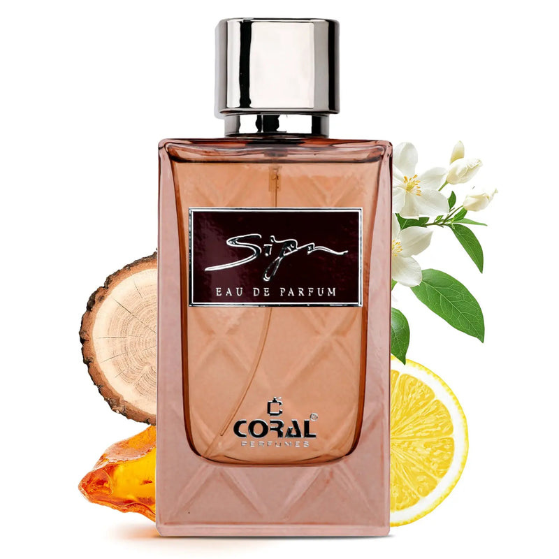 Coral Sign women’s EDP perfume bottle, Bin Kamal Perfumes, 85ml with coral-colored cap and elegant design.