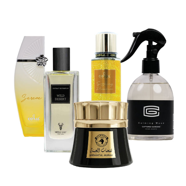 TAWOOS NAFAHAT AL JANNAH 70GM + CORAL SIZZLING PLEASURE FRAGRANCE MIST 250 ML +  MIDDLE EAST PERFUMES - WILD DESERT EXTRAIT DE PARFUM 80ML + CALMING WOOD / HOME PERFUME/300ML/CAPTURED GARDENS + CORAL SERENE EDP 100 ML  5 PC COMBO