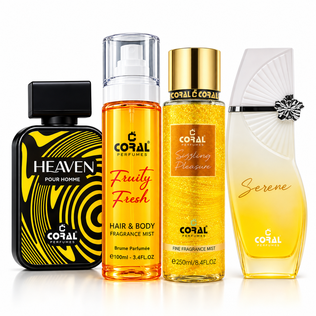Coral Fruity Fresh, Sizzling Pleasure, Heaven Pour Homme and Serene Perfume Combo