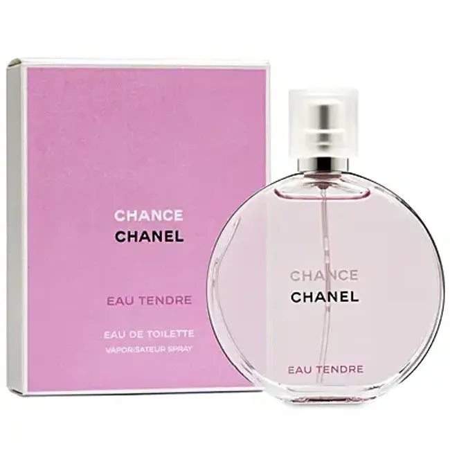 Chanel Chance Eau Tendre for women 100ml Eau de Toilette bottle with pink and transparent packaging, elegant fragrance design.