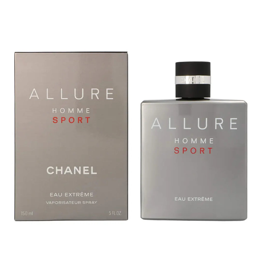 Chanel Allure Sport Eau Extreme 150ml perfume bottle with sleek design and silver cap, displayed on a neutral background.