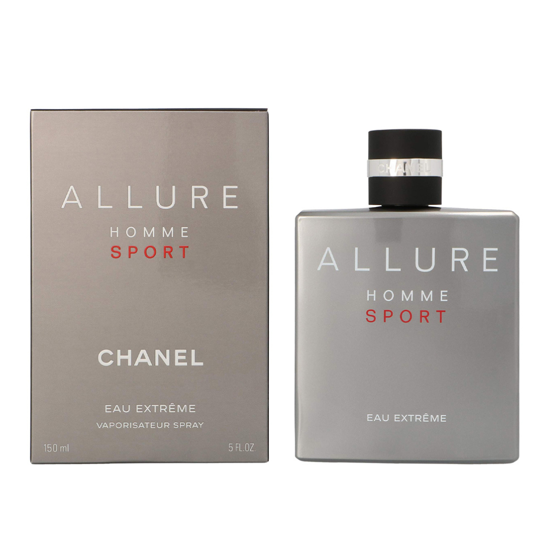 Chanel Allure Sport Eau Extreme 150ml perfume bottle with sleek design and silver cap, displayed on a neutral background.