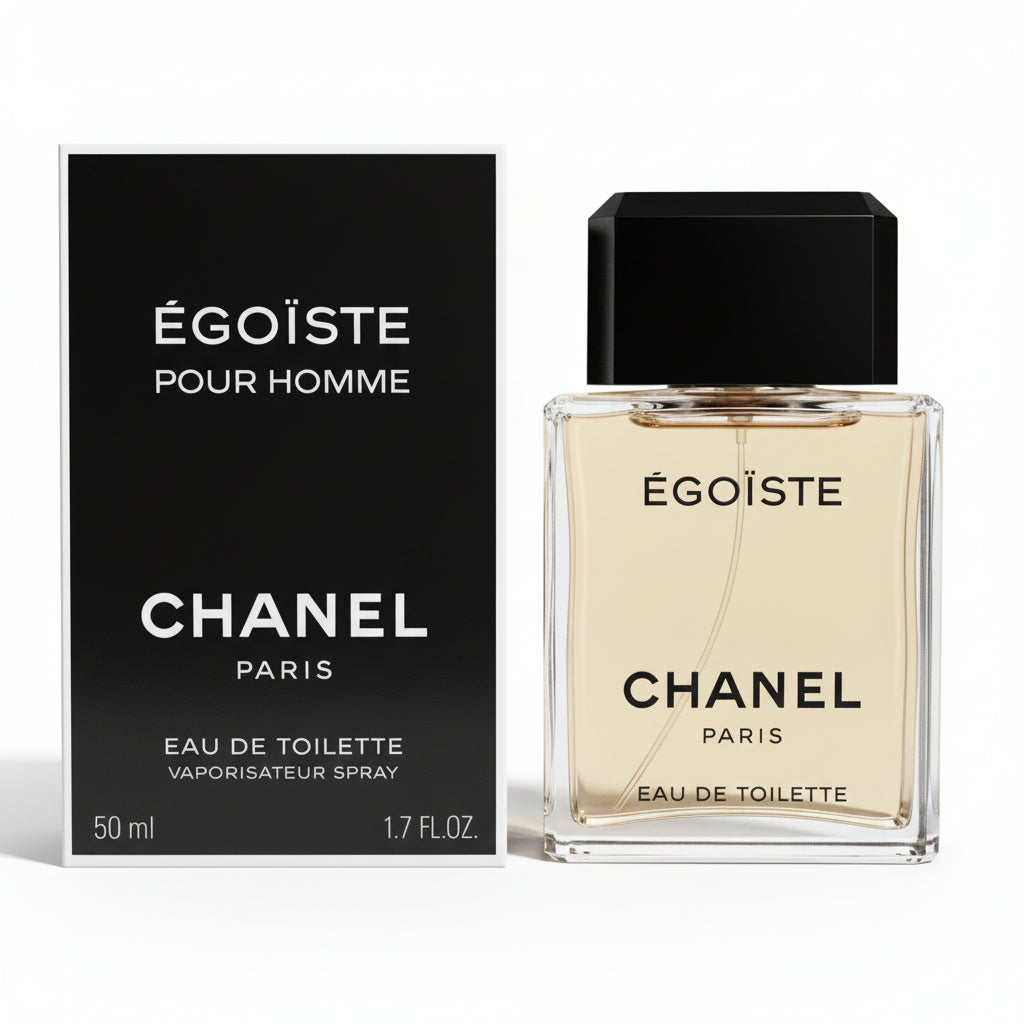 Chanel Egoiste Eau De Toilette for Men 50ml bottle in box, featuring sleek packaging and classic fragrance design.