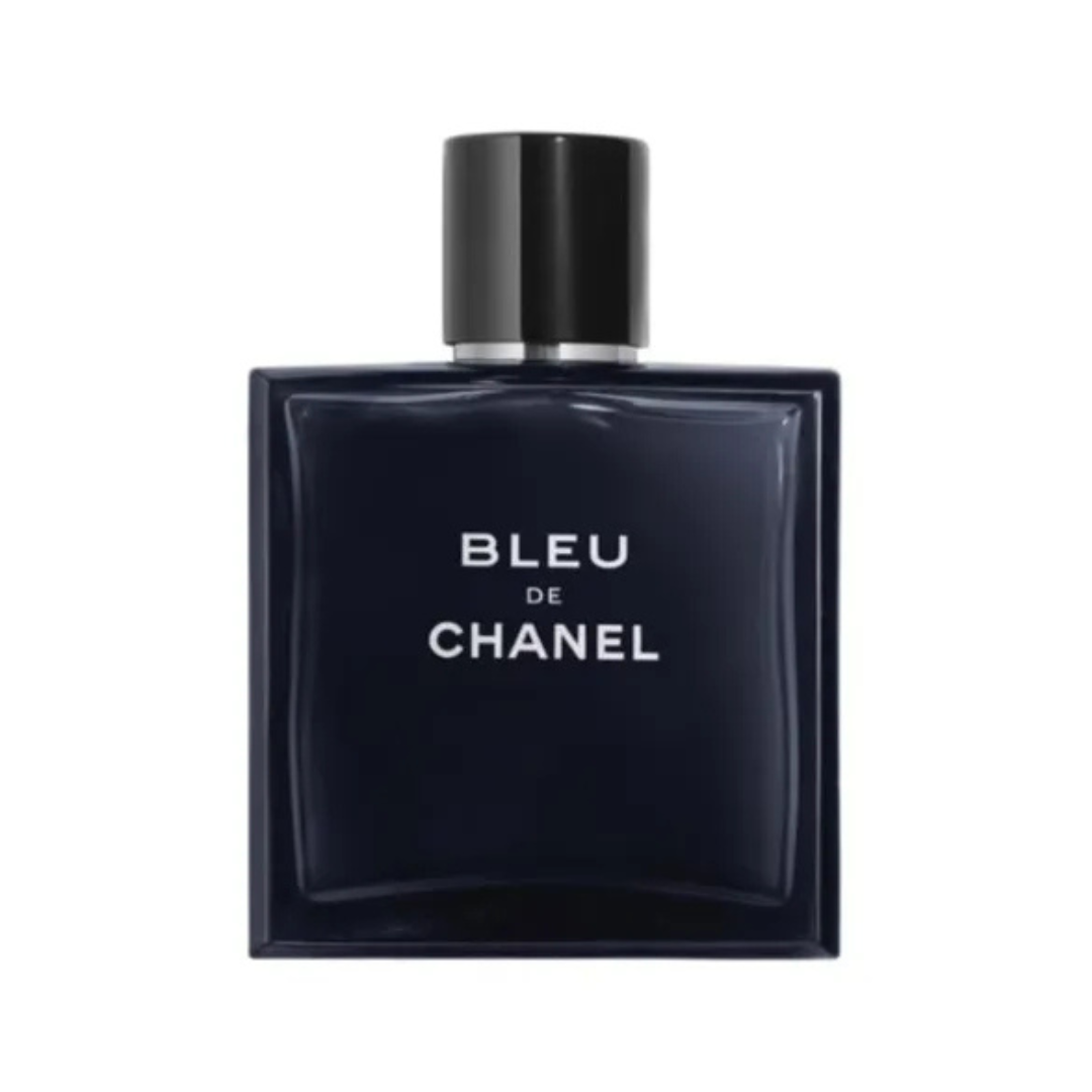 Chanel Bleu for Men Eau De Toilette 100ml bottle with sleek blue design, featuring silver accents and the Chanel logo.