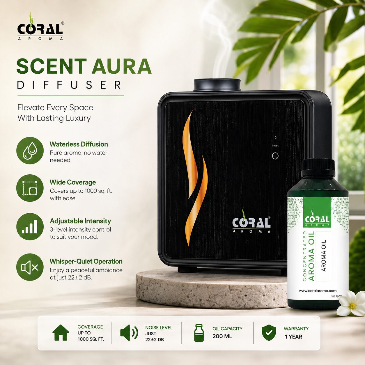 Coral Scent Aura Portable Aroma Diffuser + 200ml Aroma Oil