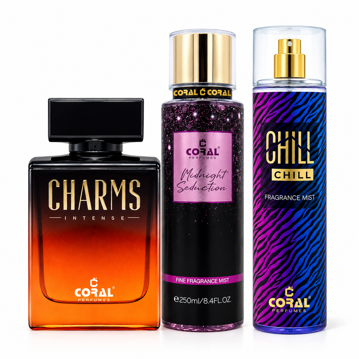 Coral Charms, Midnight Seduction & Chill Chill – 3 Piece Fragrance Combo | Unisex