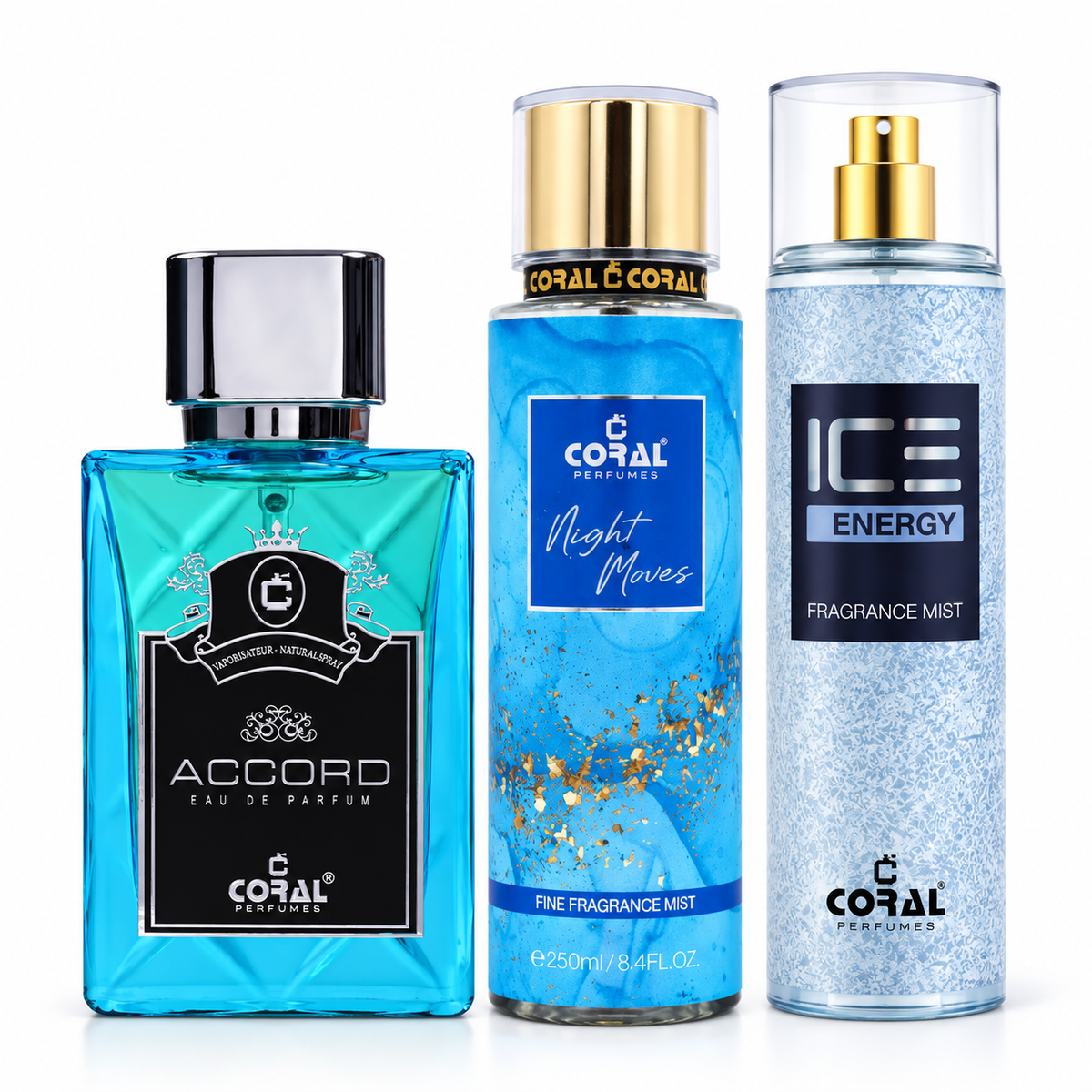 Coral Accord, Night Moves & Ice Energy – 3 Piece Fragrance Combo | Unisex
