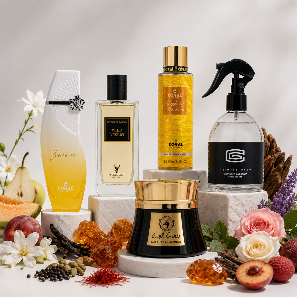NAFAHAT AL JANNAH 70GM + SIZZLING PLEASURE FRAGRANCE MIST + WILD DESERT EXTRAIT DE PARFUM 80ML + CALMING WOOD HOME PERFUME 300ML + SERENE EDP 100 ML  5 PC COMBO