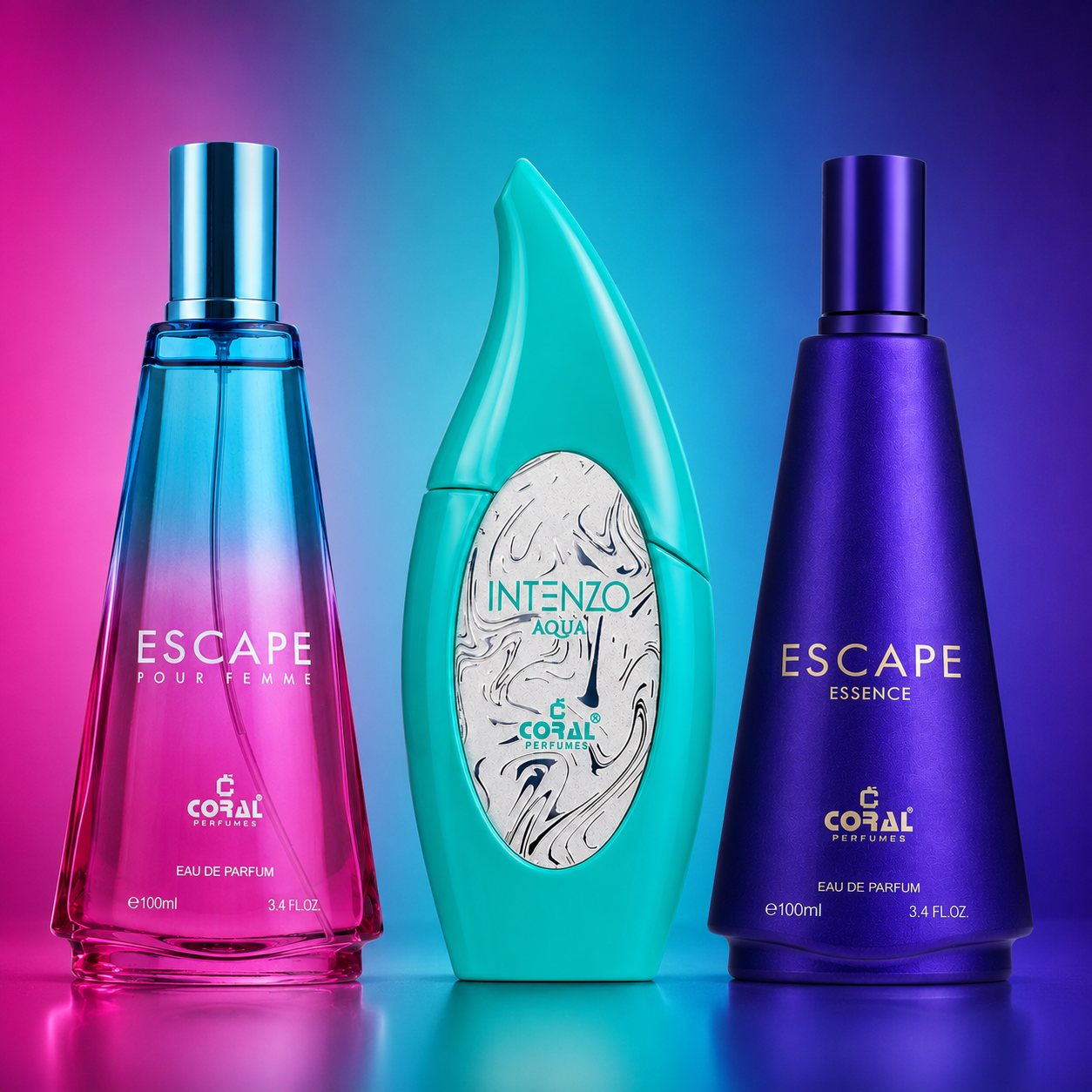 Coral Women's & Unisex Perfume Trio | Escape Pour Femme, Intenzo Aqua & Escape Essence Eau de Parfum | 3 x 100ml