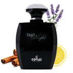 Coral Dark Night men's Eau de Parfum in 100ml bottle by Bin Kamal Perfumes, featuring a sleek dark coral-colored glass bottle.
