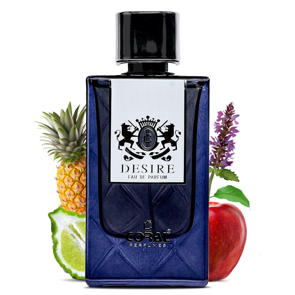 Coral Desire For Men EDP perfume bottle by Bin Kamal Perfumes, 85ml, with a sleek coral-colored bottle and elegant design.