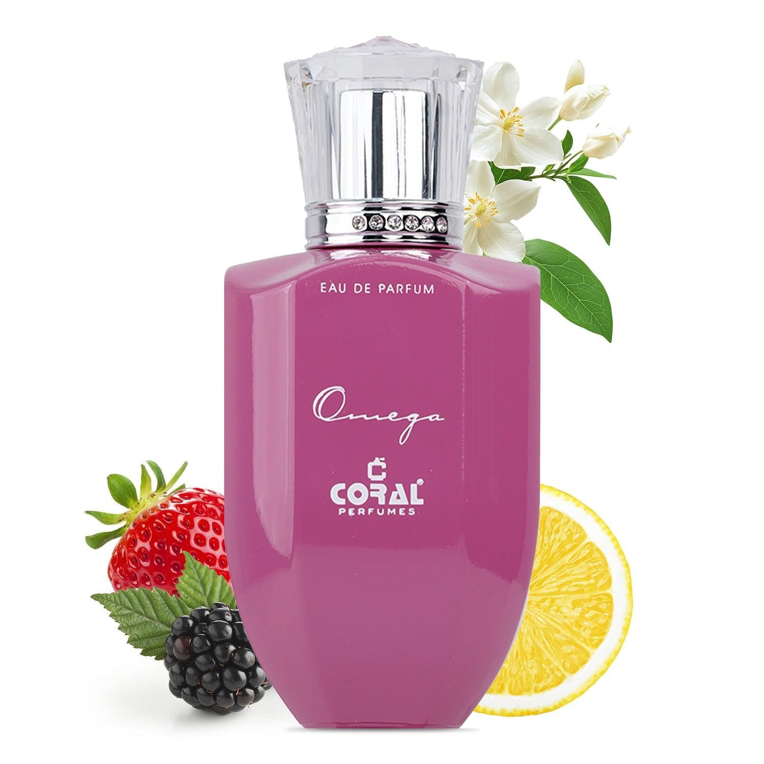 Bottle of Coral Omega For Women EDP by Bin Kamal Perfumes, 100ML, with floral and citrus scent notes.