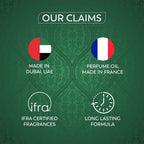 Promotional graphic with icons and text about product claims on a green patterned background