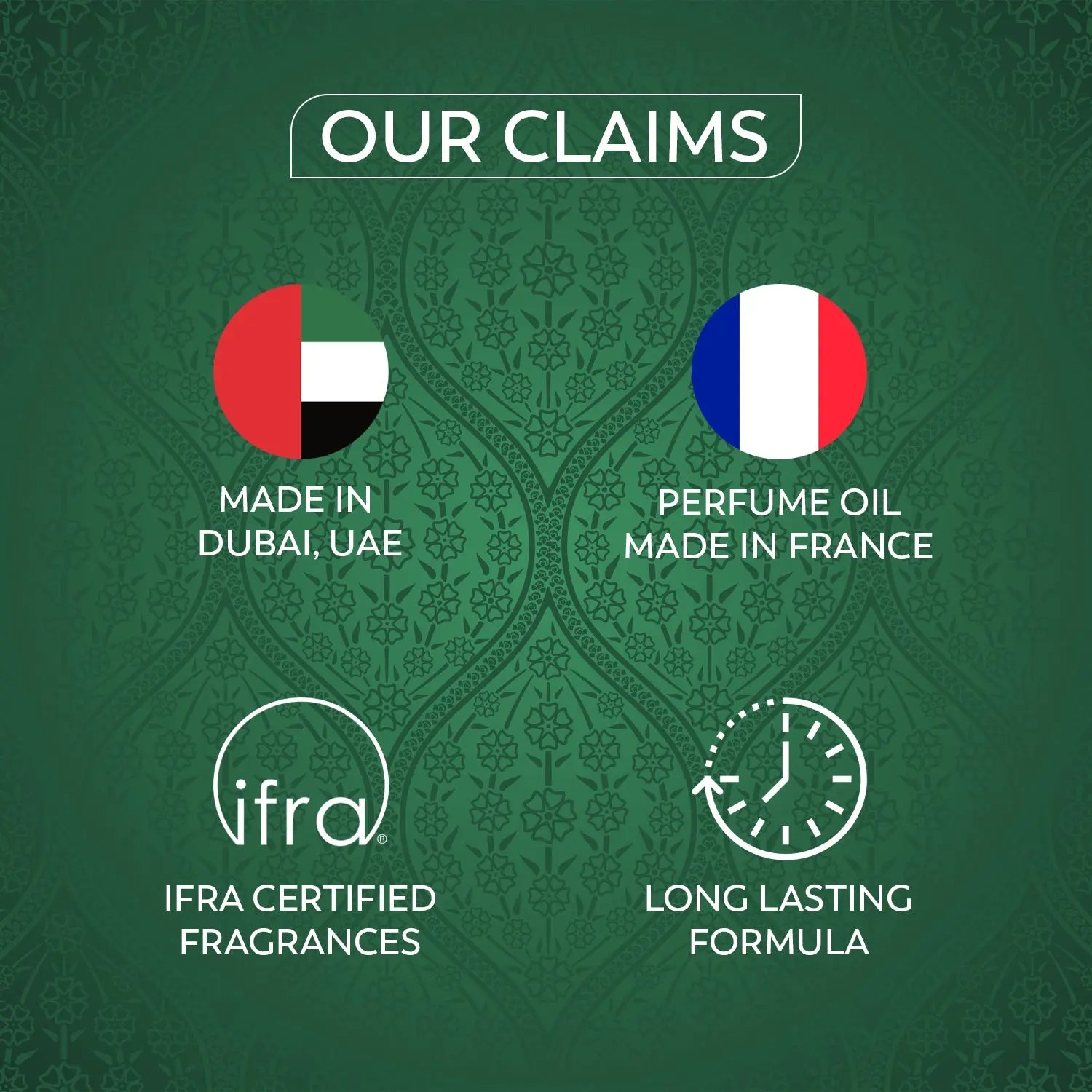 Promotional graphic with icons and text about product claims on a green patterned background