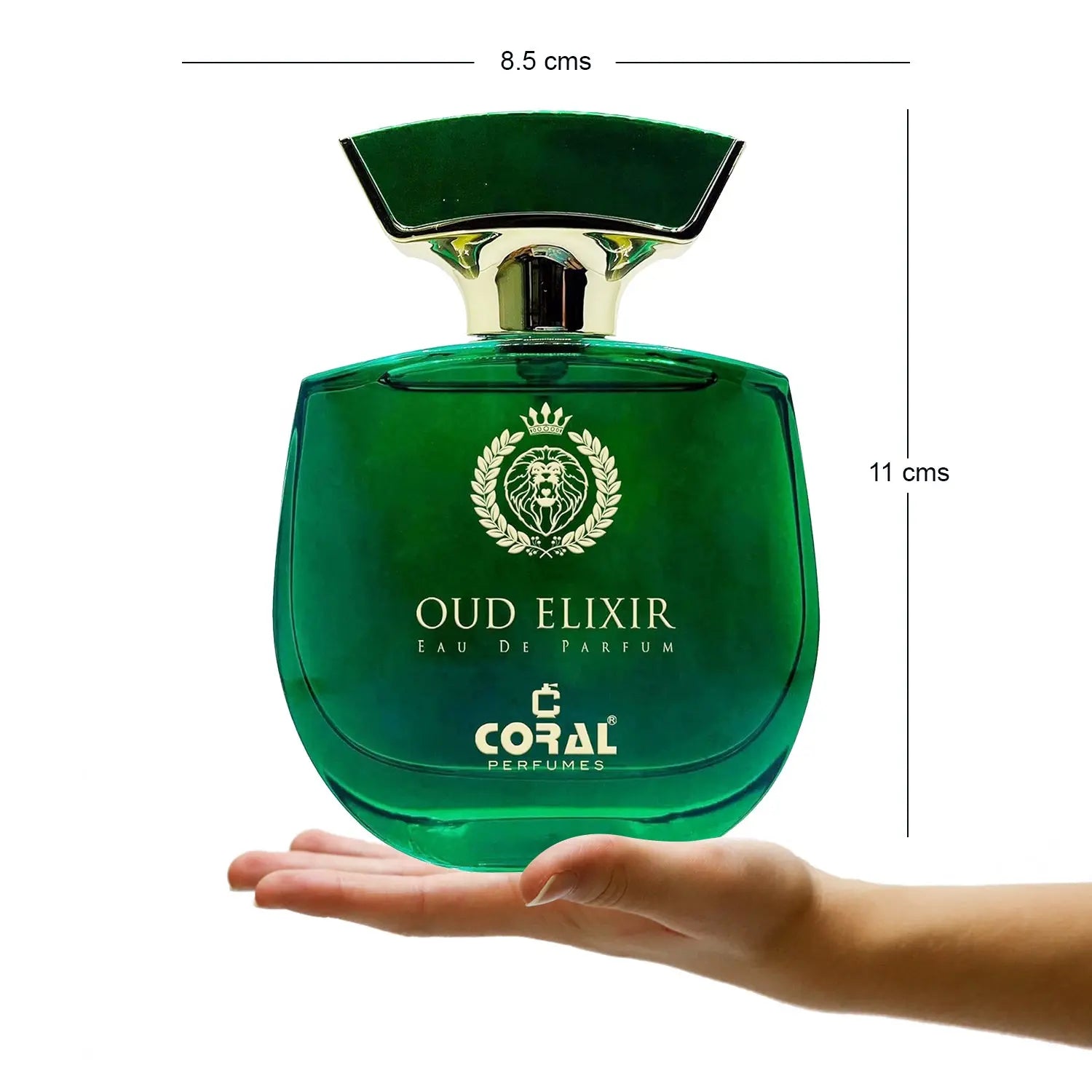 Green perfume bottle labeled 'Oud Elixir' held in a hand with measurements on a white background