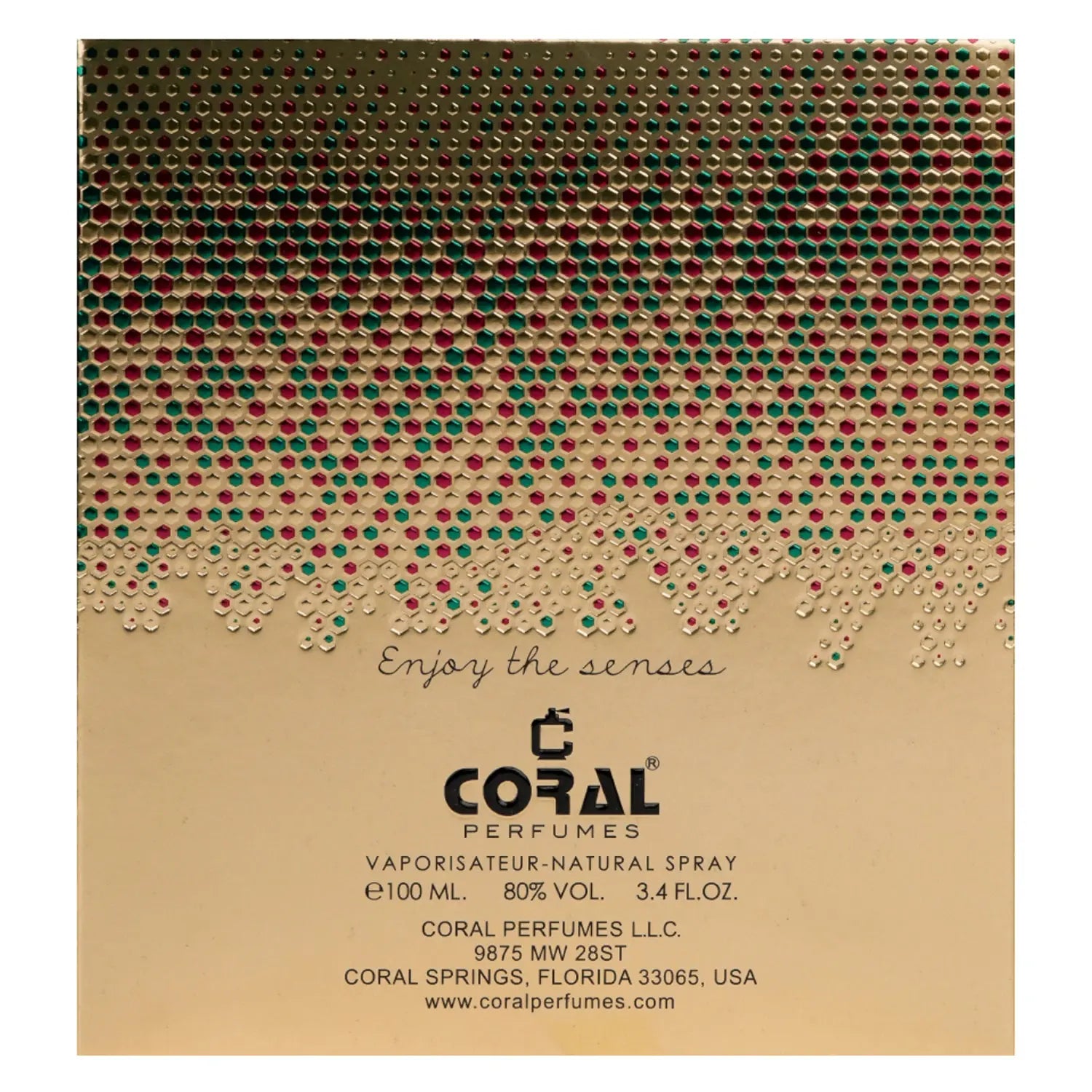 Coral Perfumes packaging with decorative design and product details.