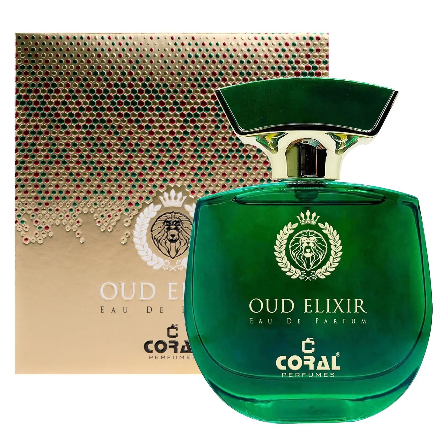Green perfume bottle labeled 'Oud Elixir' by Coral Perfumes with a matching box in the background.