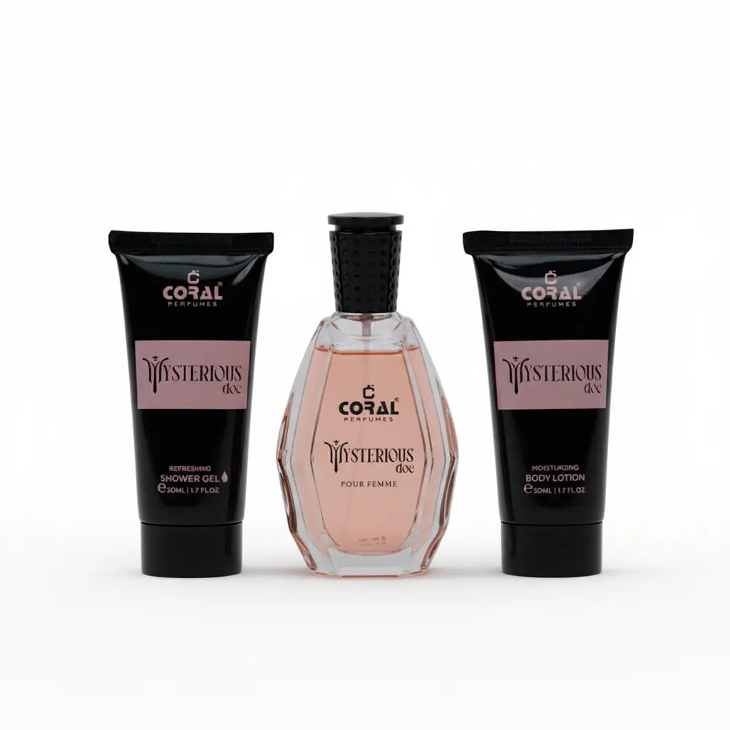 Coral Mysterious Doe Pour Femme Gift Set for Women – 50 ml EDP Fragrance + 50 ml Body Lotion + 50 ml Shower Gel