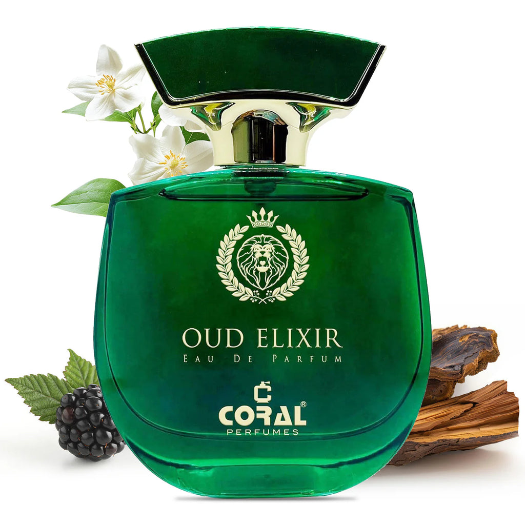 Unisex Coral Oud Elixir perfume by Bin Kamal Perfumes in a 100ml bottle, featuring a luxurious, amber-colored fragrance.