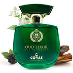 Unisex Coral Oud Elixir perfume by Bin Kamal Perfumes in a 100ml bottle, featuring a luxurious, amber-colored fragrance.
