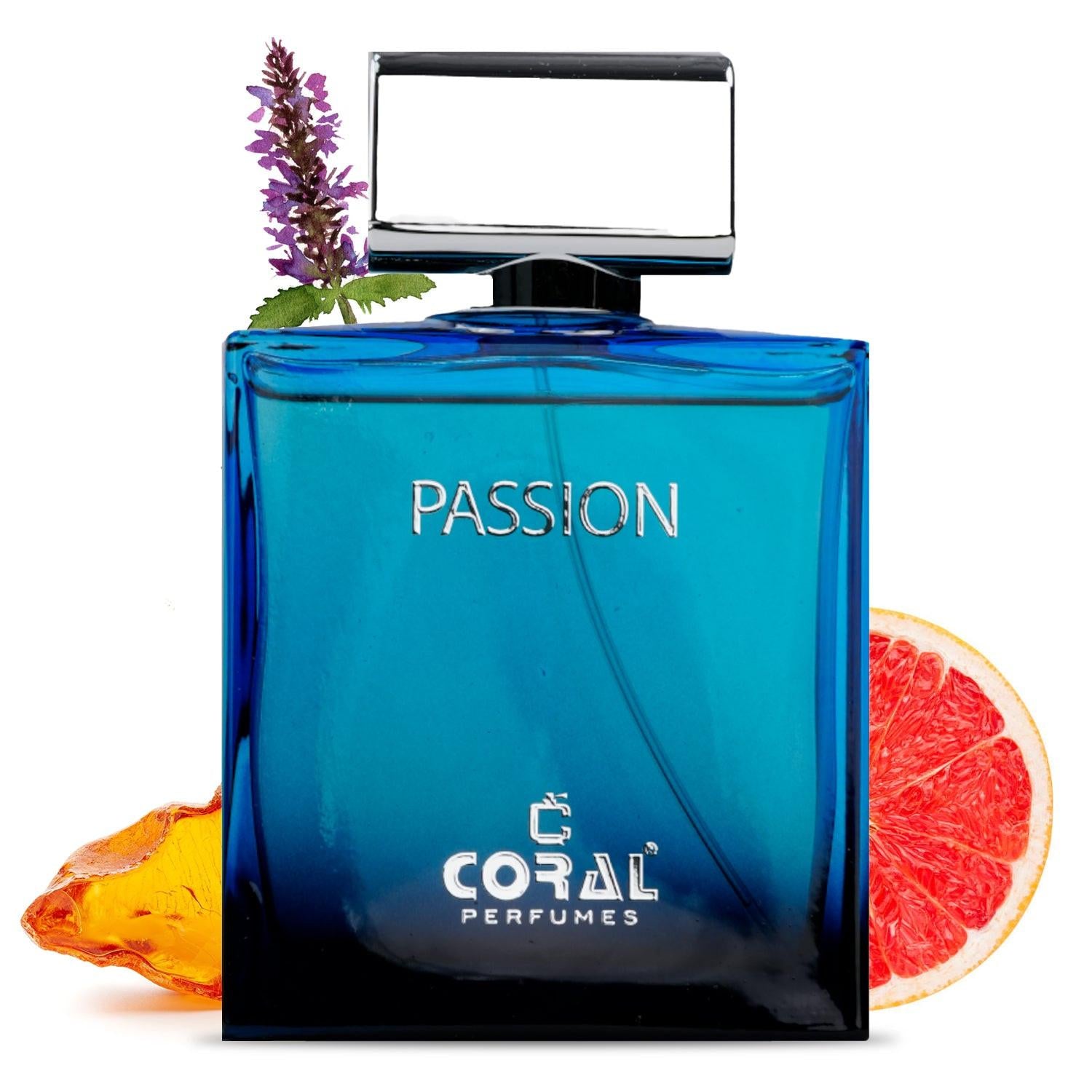 Coral Passion For Men EDP 100ml by Bin Kamal Perfumes featuring a sleek perfume bottle with citrus and woody notes.