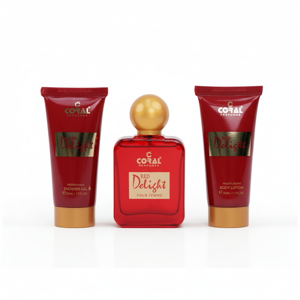 Coral Red Delight Pour Femme Gift Set for Women – 50 ml EDP Fragrance + 50 ml Body Lotion + 50 ml Shower Gel