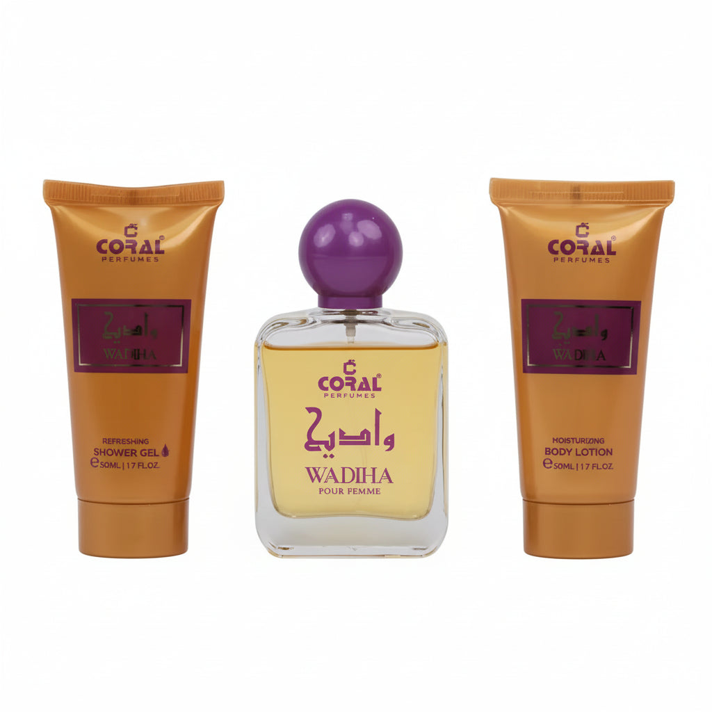 Coral Wadiha Pour Femme Gift Set for Women – 50 ml EDP Fragrance + 50 ml Body Lotion + 50 ml Shower Gel