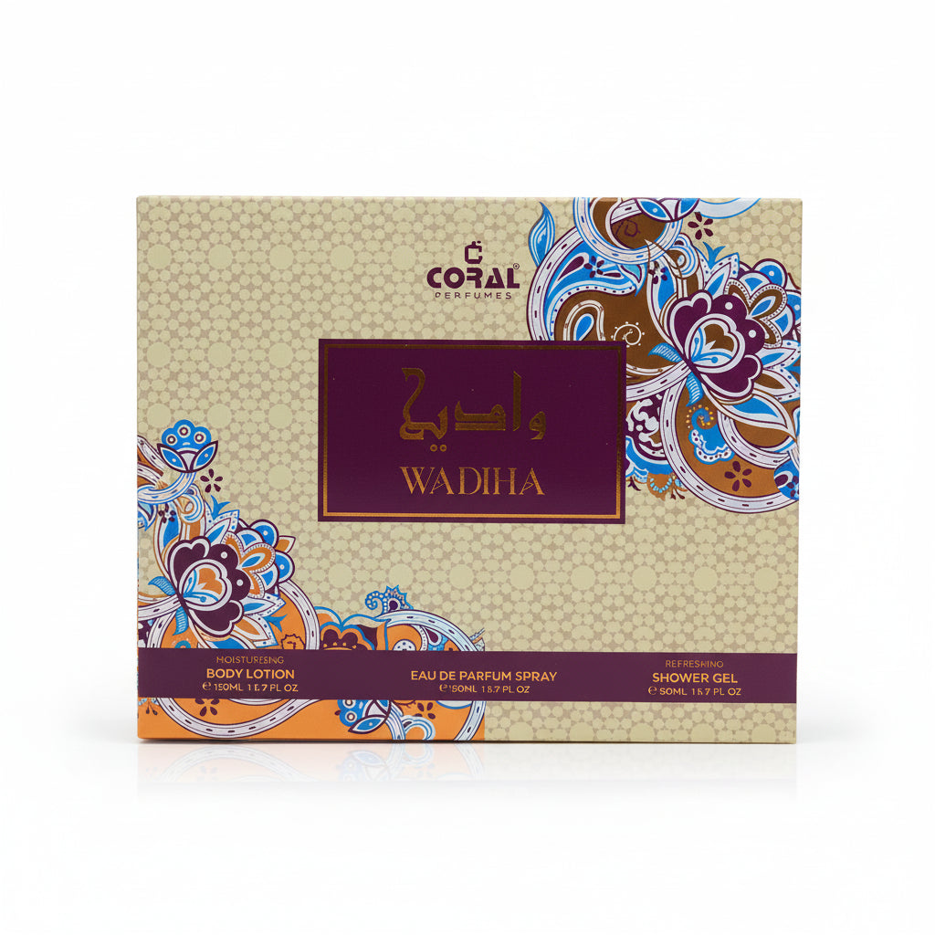 Coral Wadiha Pour Femme Gift Set for Women – 50 ml EDP Fragrance + 50 ml Body Lotion + 50 ml Shower Gel