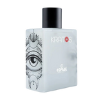 Kratos perfume bottle with artistic eye design, white frosted glass and black cap