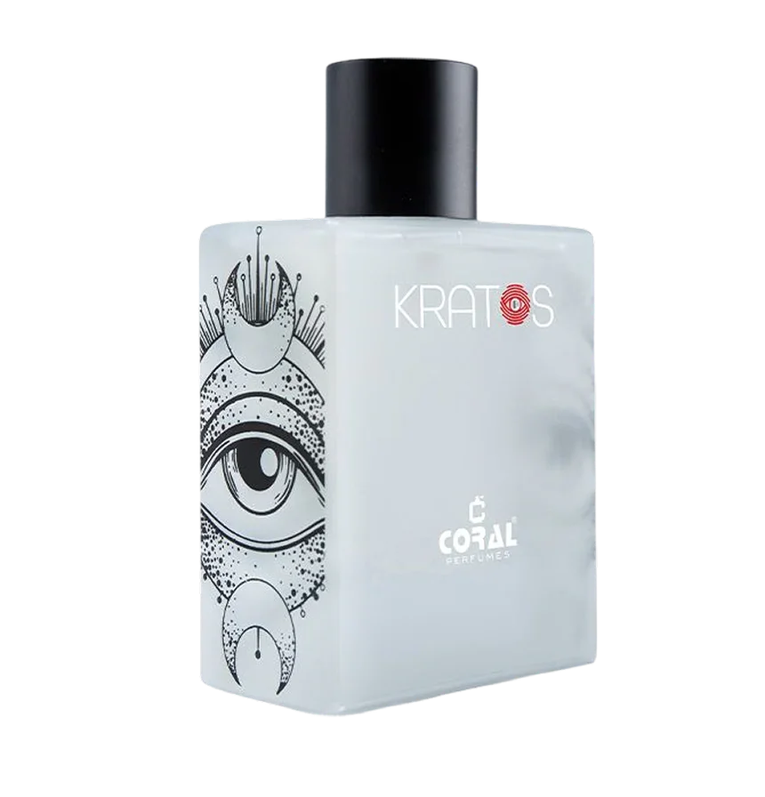 Kratos perfume bottle with artistic eye design, white frosted glass and black cap