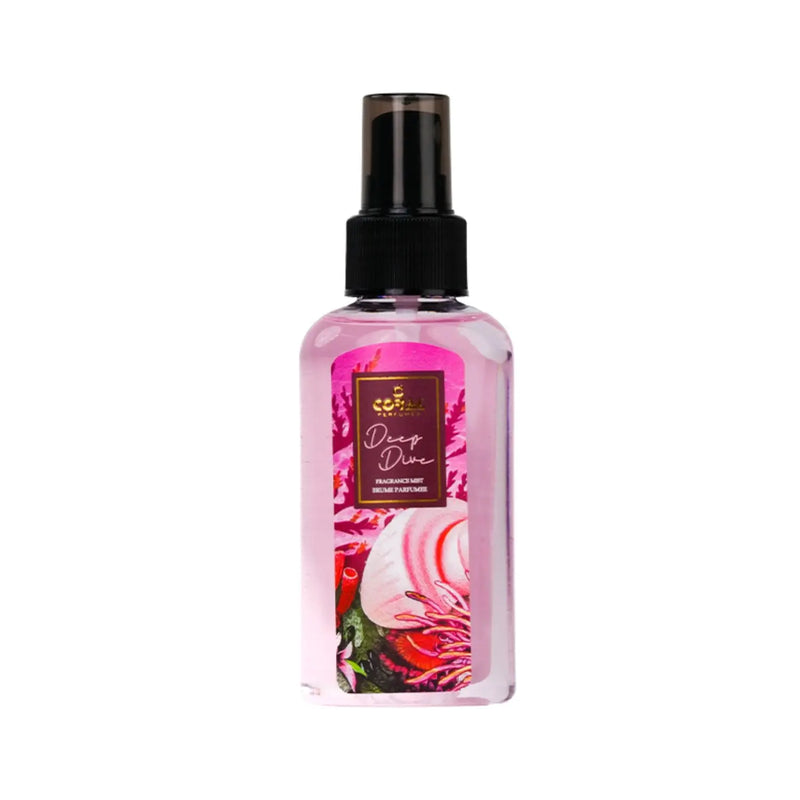Coral Deep Dive for Women fragrance mist in 100ml bottle, featuring a sleek design from Bin Kamal Perfumes.