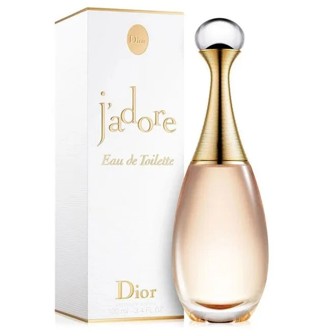 Christian Dior J'Adore Eau de Toilette 100ml bottle with floral design, elegant perfume for women.