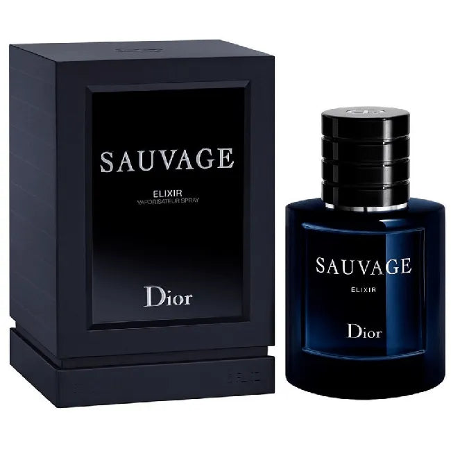 Dior Sauvage Elixir for Men 60ml perfume bottle with sleek design and clear label, displayed on a neutral background.