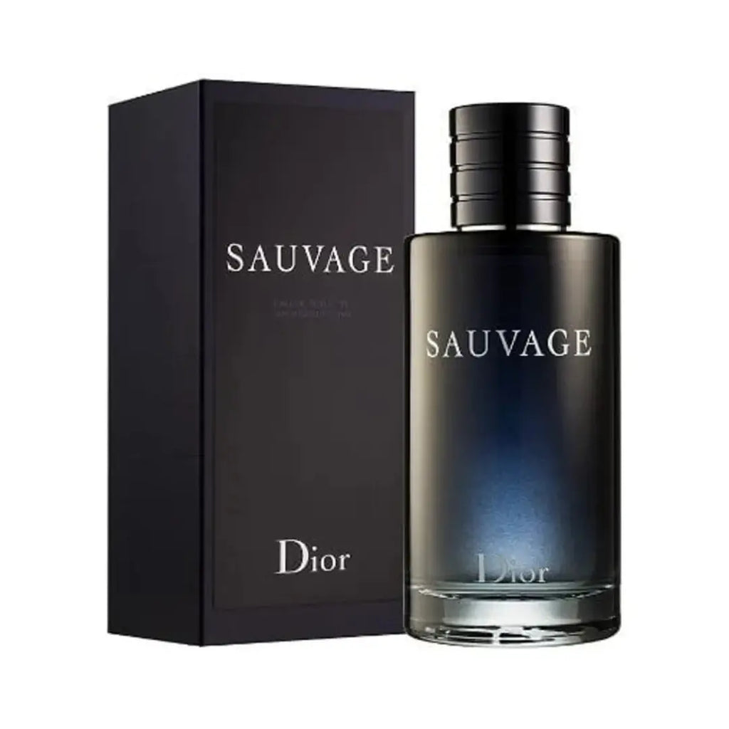 Dior Sauvage for Men Eau De Toilette 200ml bottle with sleek design, showcasing the fragrance's elegant packaging and branding.
