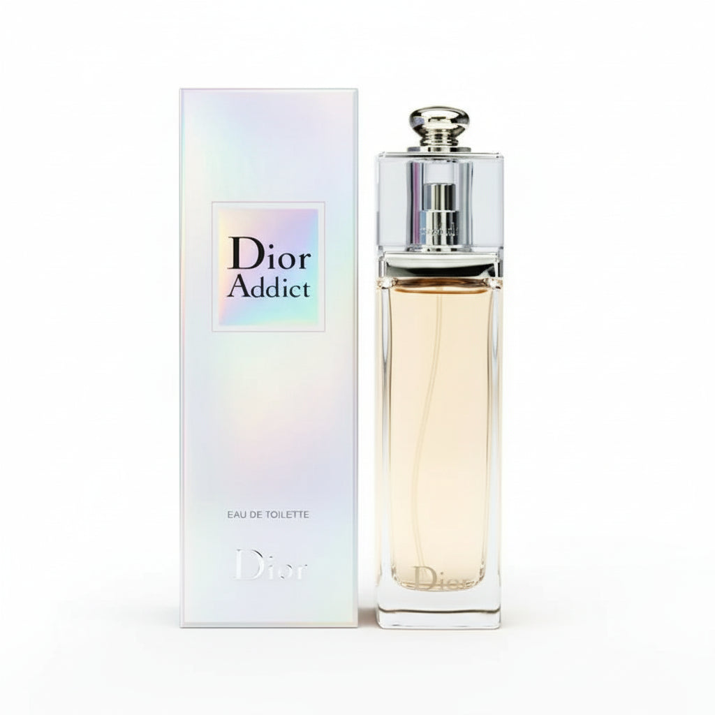 Dior Addict Eau de Toilette for women in 100ml bottle with box, featuring elegant packaging and sleek glass design.