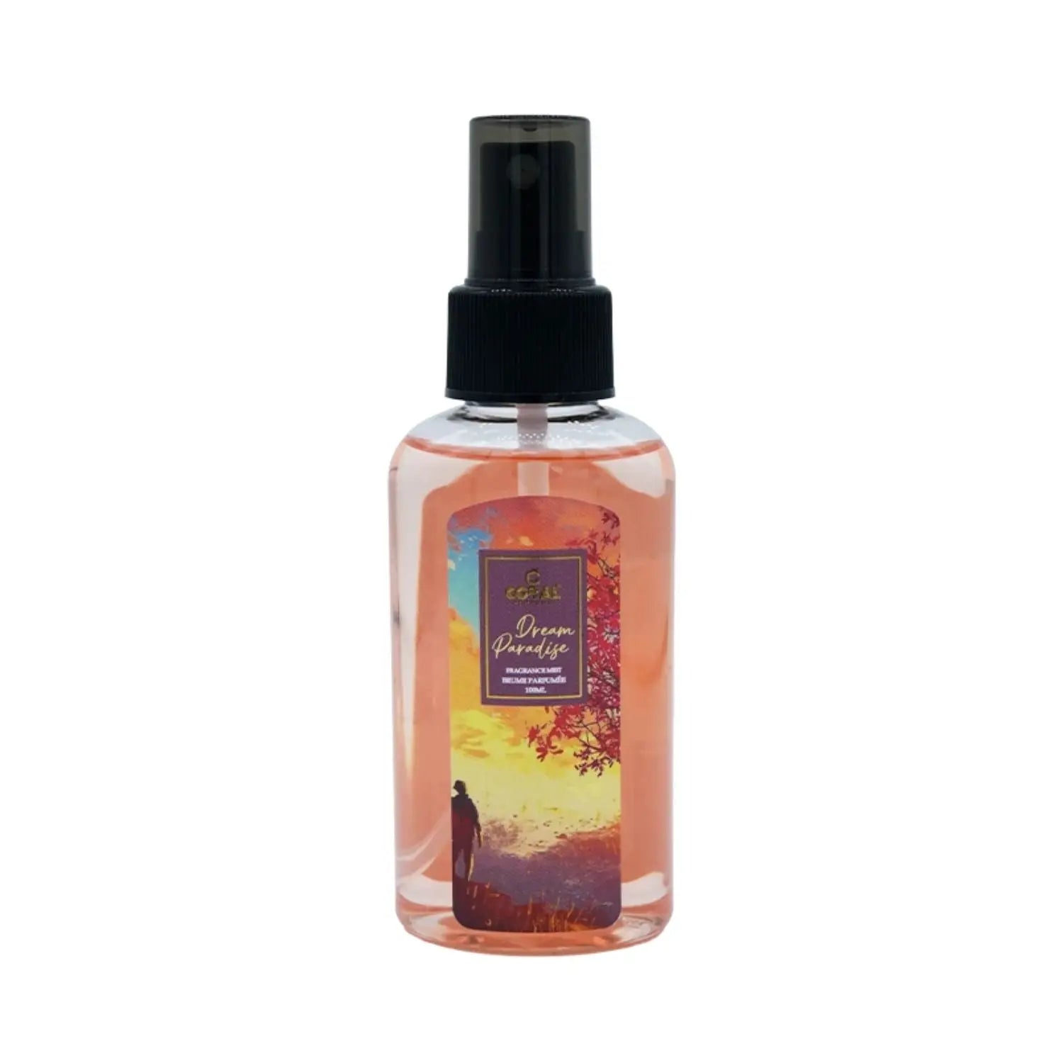 Bin Kamal Coral Dream Paradise fragrance mist for women, 100ml bottle with floral and tropical scent, elegant spray design.