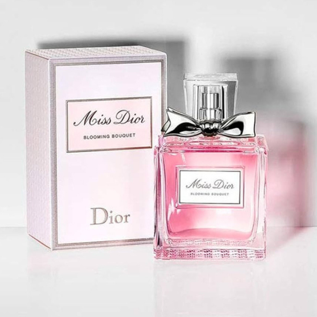 Dior Miss Dior Blooming Bouquet Eau de Toilette 100ml perfume bottle with floral design, displayed on a neutral background.