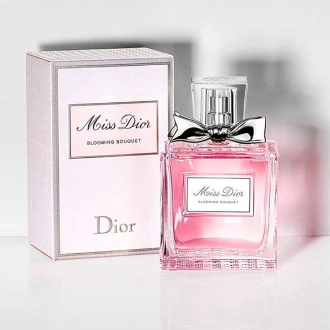 Dior Miss Dior Blooming Bouquet Eau de Toilette 100ml perfume bottle with floral design, displayed on a neutral background.