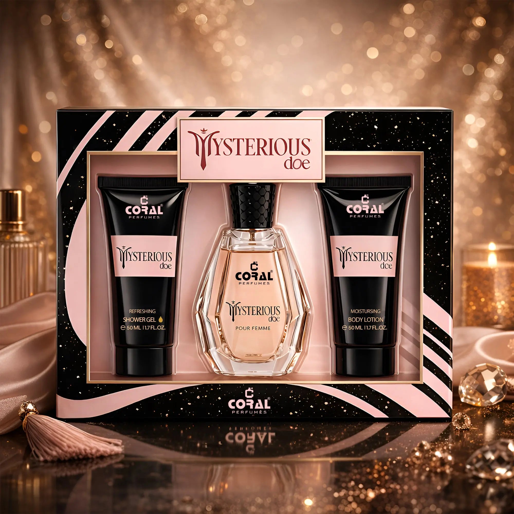 Coral Mysterious Doe Pour Femme Gift Set for Women – 50 ml EDP Fragrance + 50 ml Body Lotion + 50 ml Shower Gel