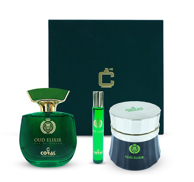 Coral Oud Elixir Gift Set For Unisex (EDP 100ml + BUKHOOR 70 GM + 10ml OIL SET)
