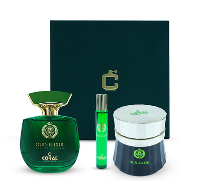 Coral Oud Elixir Gift Set For Unisex (EDP 100ml + BUKHOOR 70 GM + 10ml OIL SET)