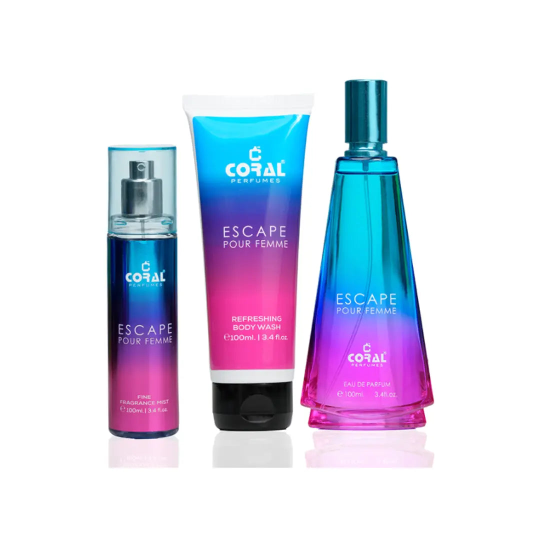Coral Escape Pour Femme Gift Set for Women – 100 ml EDP + 100 ml Fragrance Mist + 100 ml Body Wash