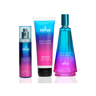 Coral Escape Pour Femme Gift Set for Women – 100 ml EDP + 100 ml Fragrance Mist + 100 ml Body Wash