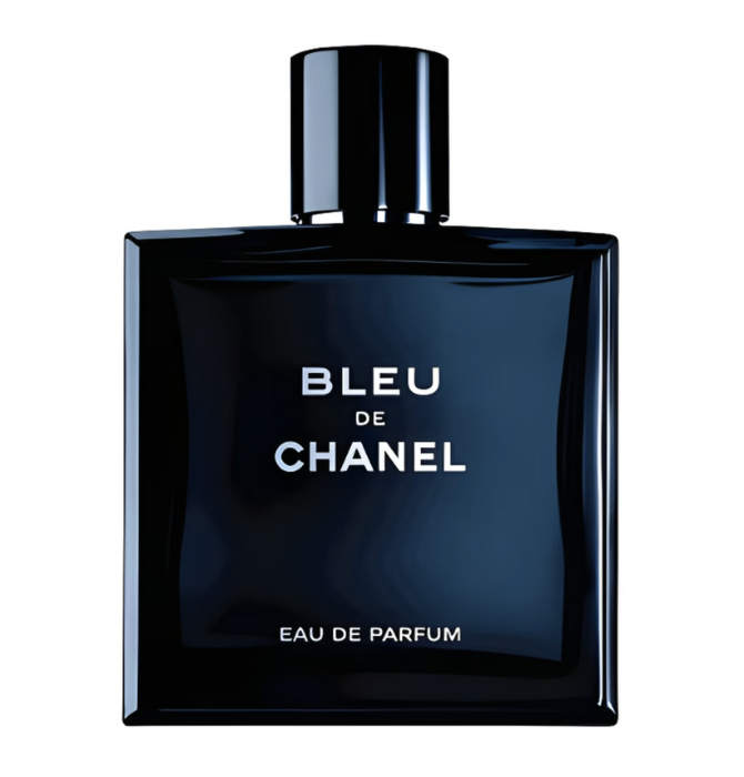 Chanel Bleu for Men Eau De Parfum 100ml bottle with sleek design and blue accents, displayed on a plain background.