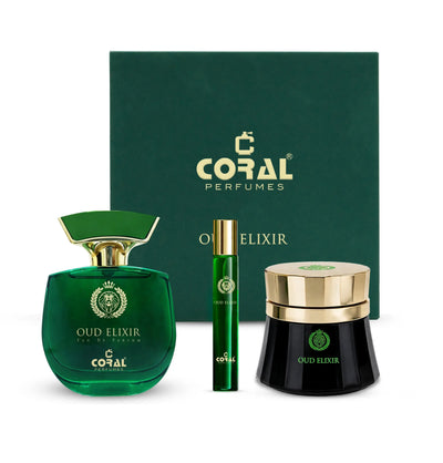 Coral Oud Elixir Gift Set For Unisex (EDP 100ml + BUKHOOR 70 GM + 10ml OIL SET)